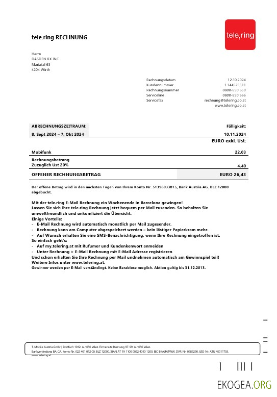 Modèle de facture de services publics de Suède Tele Ring aux formats Word et PDF